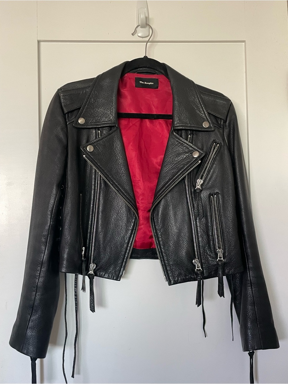 The Kooples Black Leather Lace-Up Moto Jacket Red Lining โ Flaw